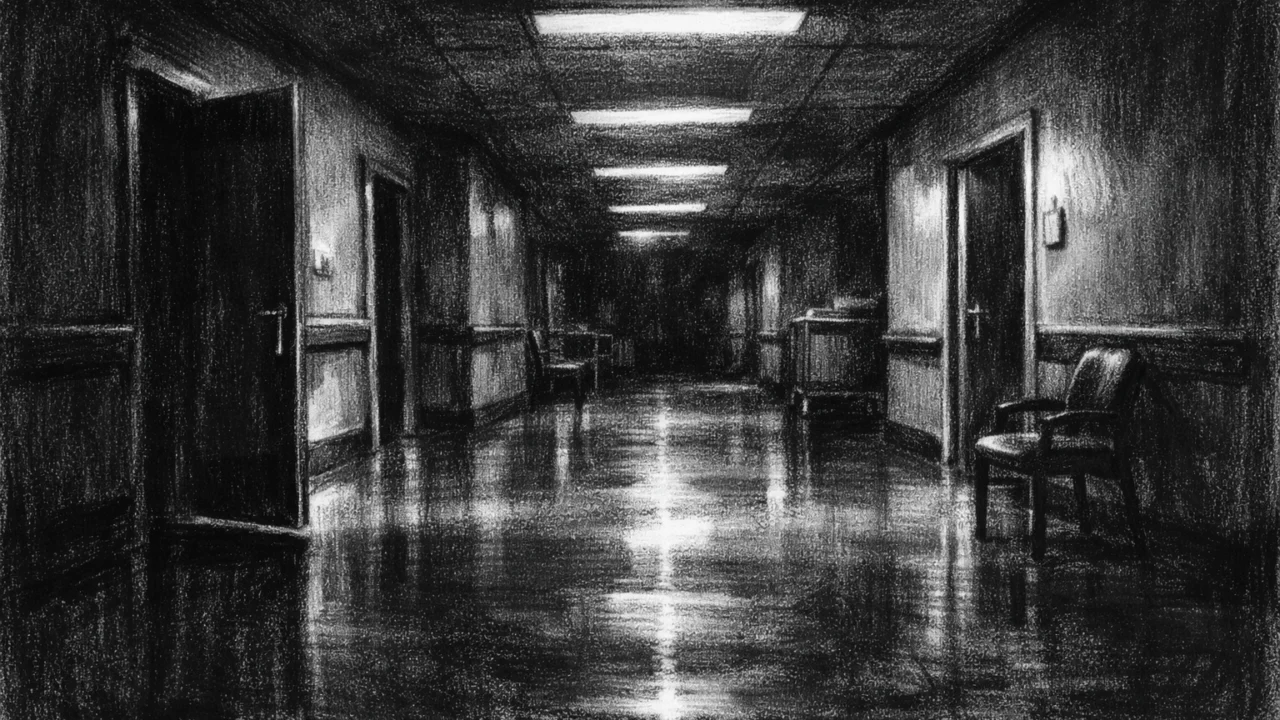 Prazan bolnički hodnik noću u charcoal film noir stilu, crno-bijeli kontrast, duboke sjene, reflektirajuće svjetlo i tiha, zamišljena atmosfera.