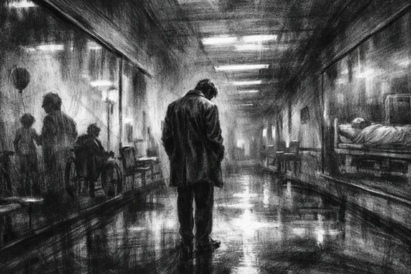 Filmski plakat s usamljenom figurom u bolničkom hodniku, nacrtan u charcoal film noir stilu, crno-bijeli kontrast, duboke sjene i melankolična atmosfera.