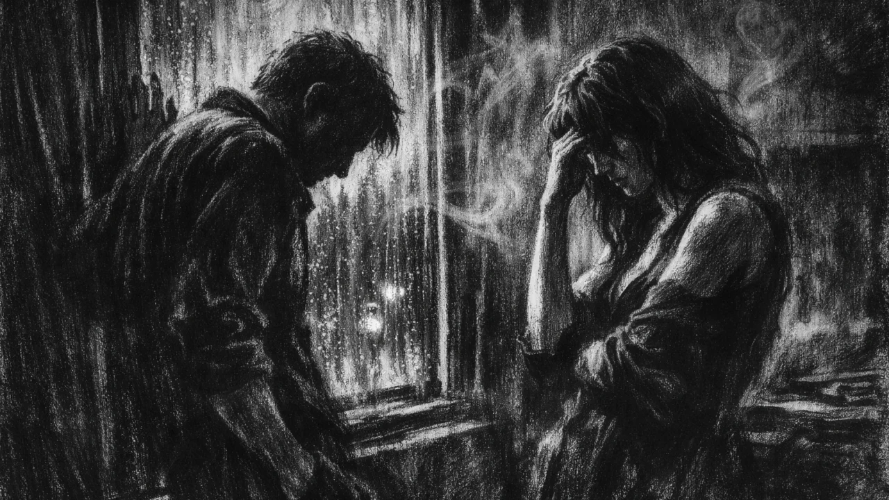 Intimna scena u charcoal film noir stilu s dvije osobe u mračnoj prostoriji, izražene sjene i osjećaj emocionalne težine.