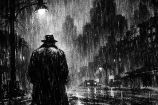 Kinematografski poster u charcoal film noir stilu, crno-bijeli grad pod kišom s usamljenom figurom i dubokim sjenama, snažna atmosfera tjeskobe.