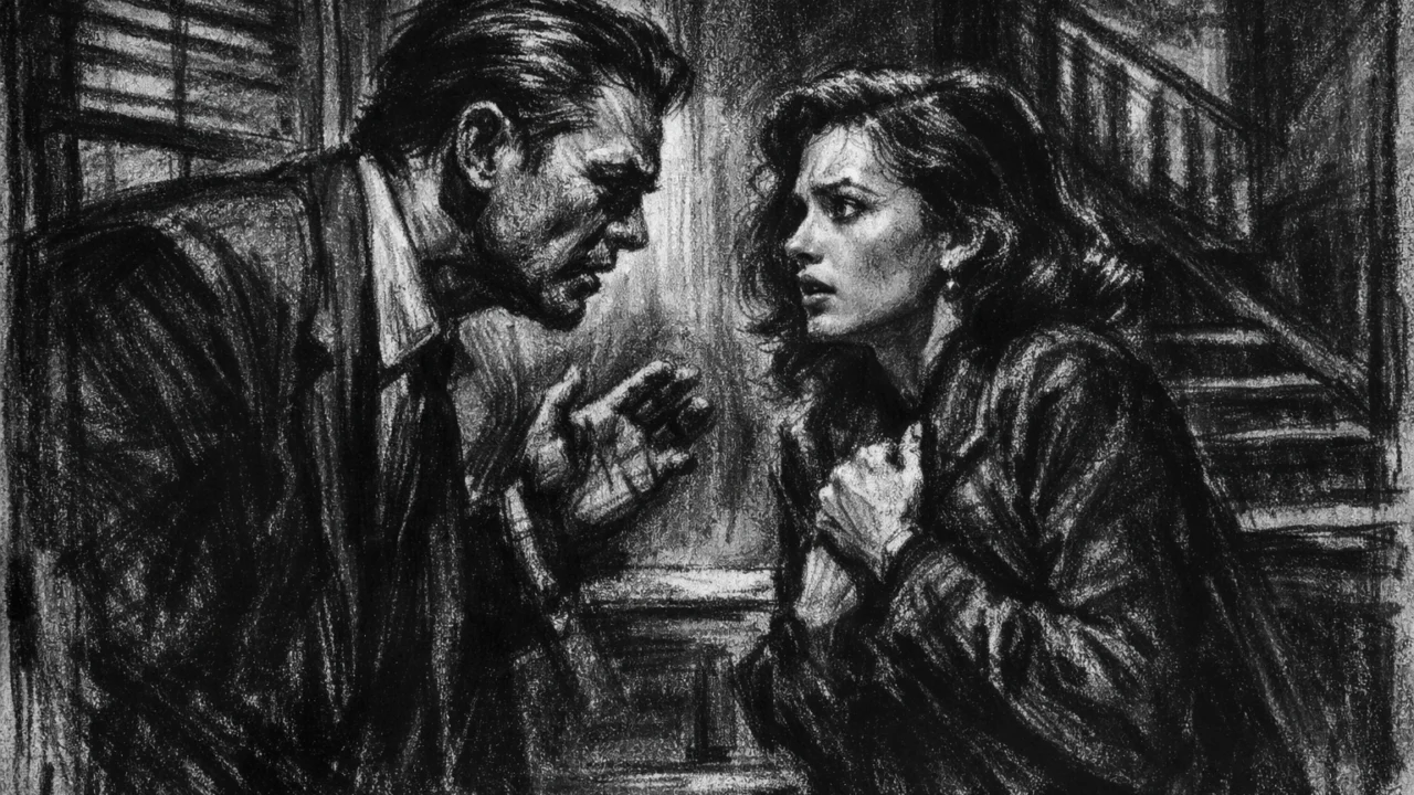 Dramska scena u charcoal film noir stilu