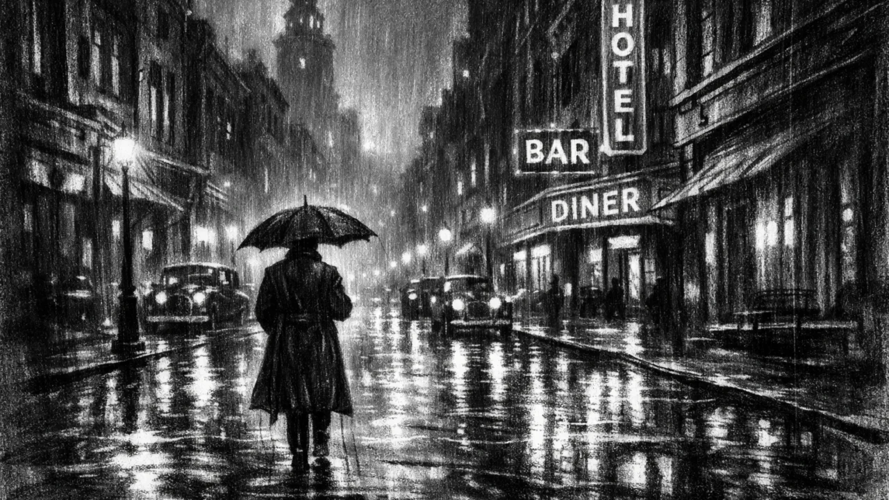 Atmosferska urbana ilustracija u charcoal film noir stilu