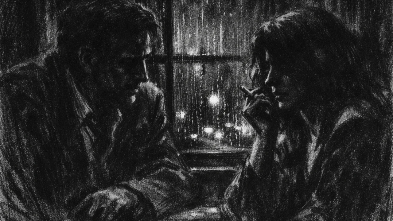 Intimna scena u charcoal film noir stilu, dvoje ljudi u tihom razgovoru, crno-bijela atmosfera puna sjena, emocionalne napetosti i osjećaja izdaje.