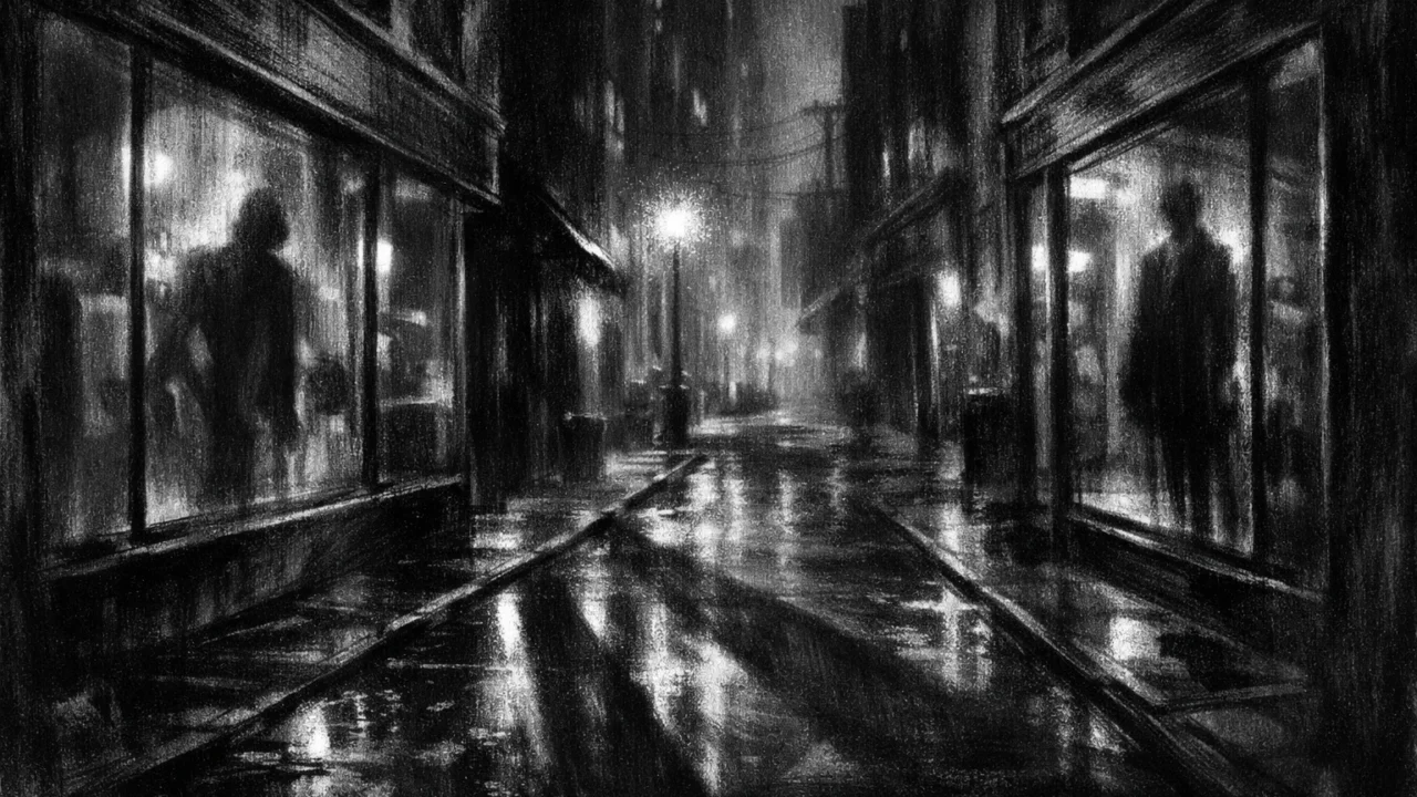 Atmosferski gradski prizor u charcoal film noir stilu, crno-bijele ulice, duboke sjene i refleksije koje simboliziraju paranoju i skriveni identitet.