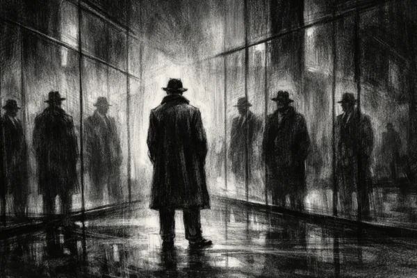 Filmski poster u charcoal film noir stilu, crno-bijeli prizor s dubokim sjenama i dramatičnim osvjetljenjem, usamljena figura u prostoru punom nepovjerenja i skrivene napetosti.