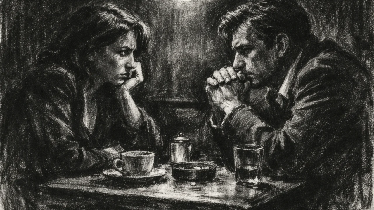 Intimna scena razgovora u charcoal film noir stilu, dvoje ljudi za stolom u snažnom kontrastu svjetla i sjene, osjećaj nelagode i suhe komike.