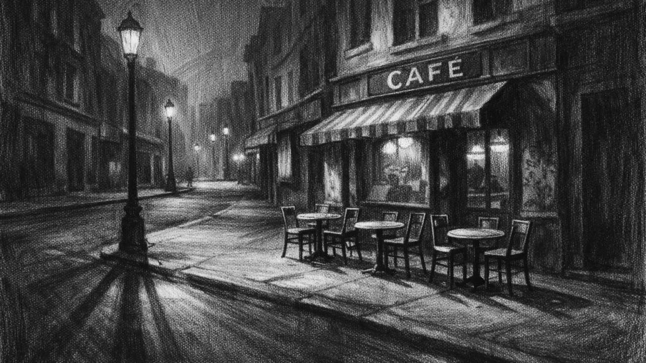 Atmosferski gradski ambijent u charcoal film noir stilu, prazna ulica i kafić s dugim sjenama, melankolična i promatračka atmosfera.