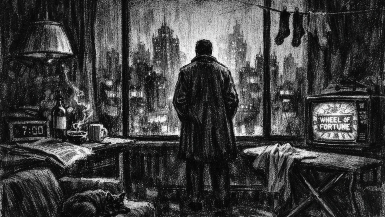 Filmski poster u charcoal film noir stilu, crno-bijeli prizor s usamljenom figurom uz prozor i gradom u sjeni, naglašena atmosfera ironije i svakodnevice.