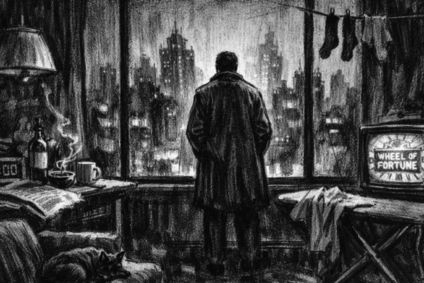 Filmski poster u charcoal film noir stilu, crno-bijeli prizor s usamljenom figurom uz prozor i gradom u sjeni, naglašena atmosfera ironije i svakodnevice.