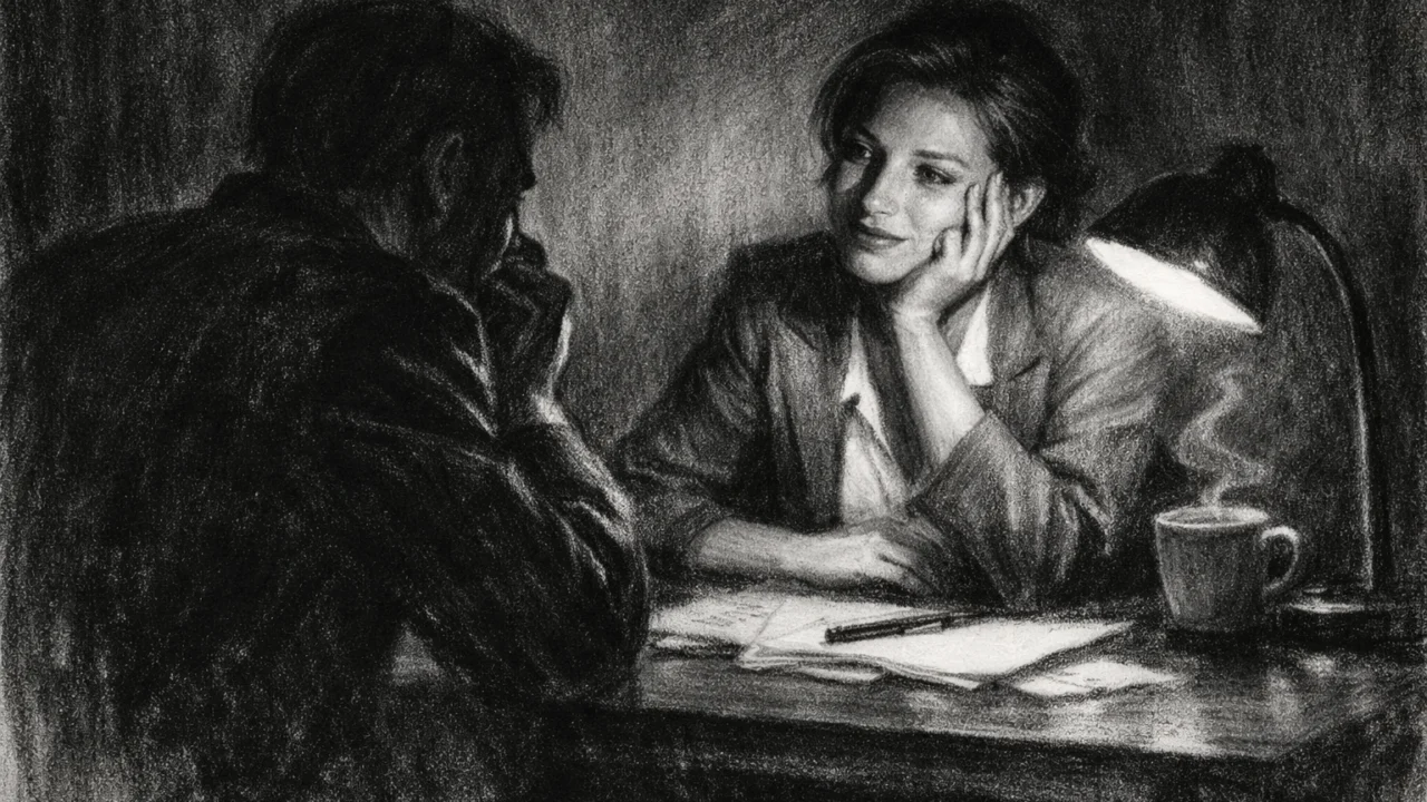 Intimna scena razgovora dviju osoba s naglašenim kontrastom svjetla i sjene, emotivni ton u charcoal film noir stilu, crno-bijeli prikaz.