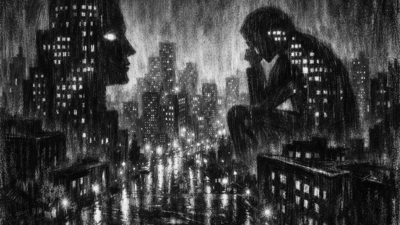 Noćni gradski pejzaž s apstraktnim oblicima zgrada i maglovitom atmosferom, snažan kontrast i refleksije u charcoal film noir stilu, crno-bijelo.