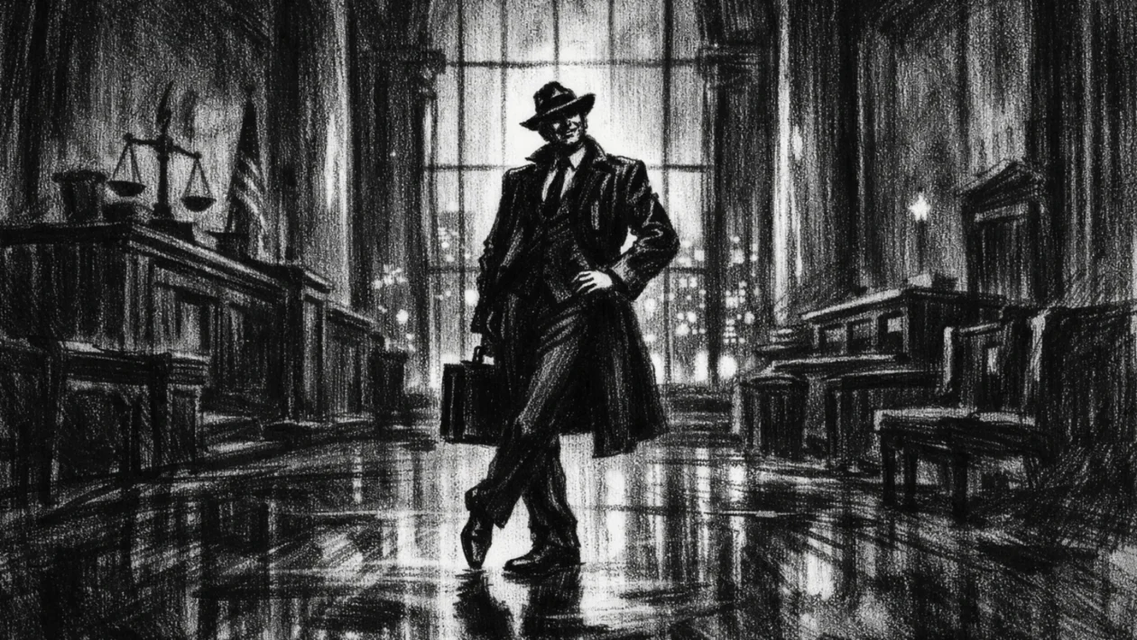Filmski poster s usamljenom figurom u monumentalnom urbanom interijeru, snažno osvjetljenje i duboke sjene u charcoal film noir stilu, crno-bijela atmosfera.