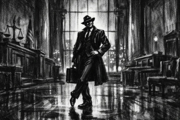 Filmski poster s usamljenom figurom u monumentalnom urbanom interijeru, snažno osvjetljenje i duboke sjene u charcoal film noir stilu, crno-bijela atmosfera.