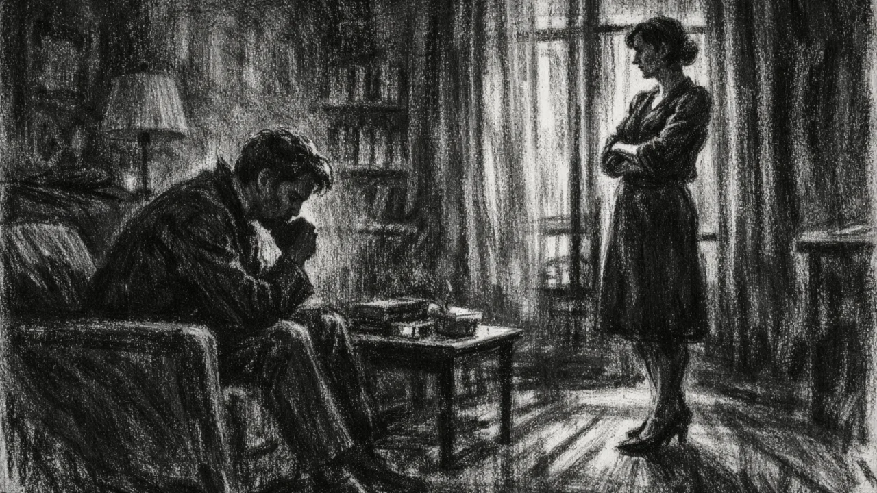 Dvoje ljudi u tihom razgovoru u mračnom interijeru, naglašene sjene i emocije, charcoal film noir stil