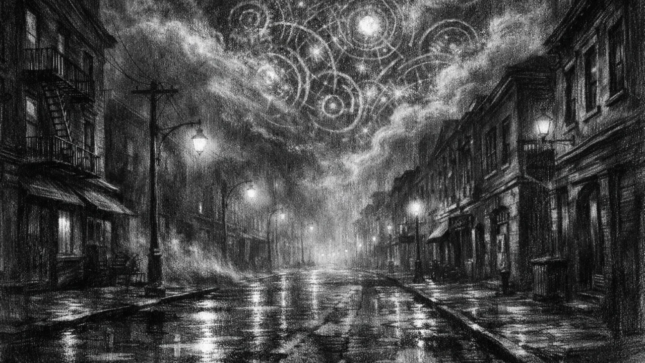 Prazna noćna ulica s maglom i starom arhitekturom, simbolična atmosfera misterija, charcoal film noir stil