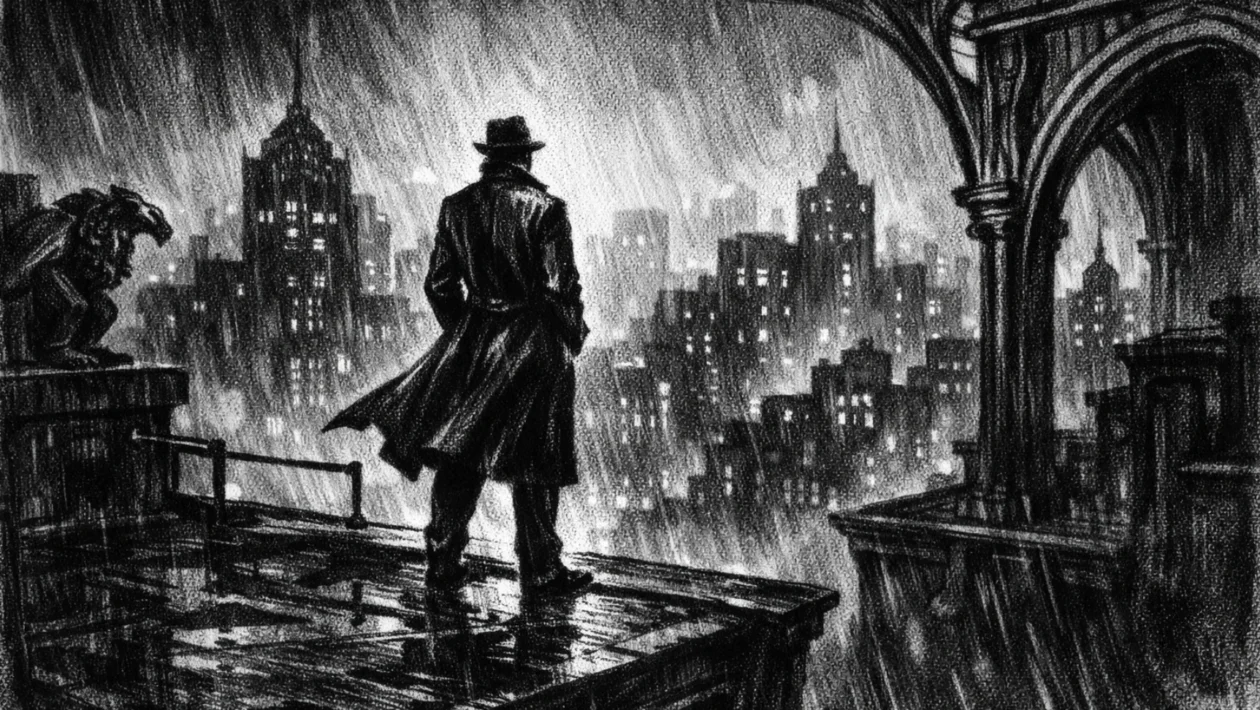 Plakatna scena s usamljenom figurom na krovu grada, snažna atmosfera, charcoal film noir stil u crno-bijeloj tehnici