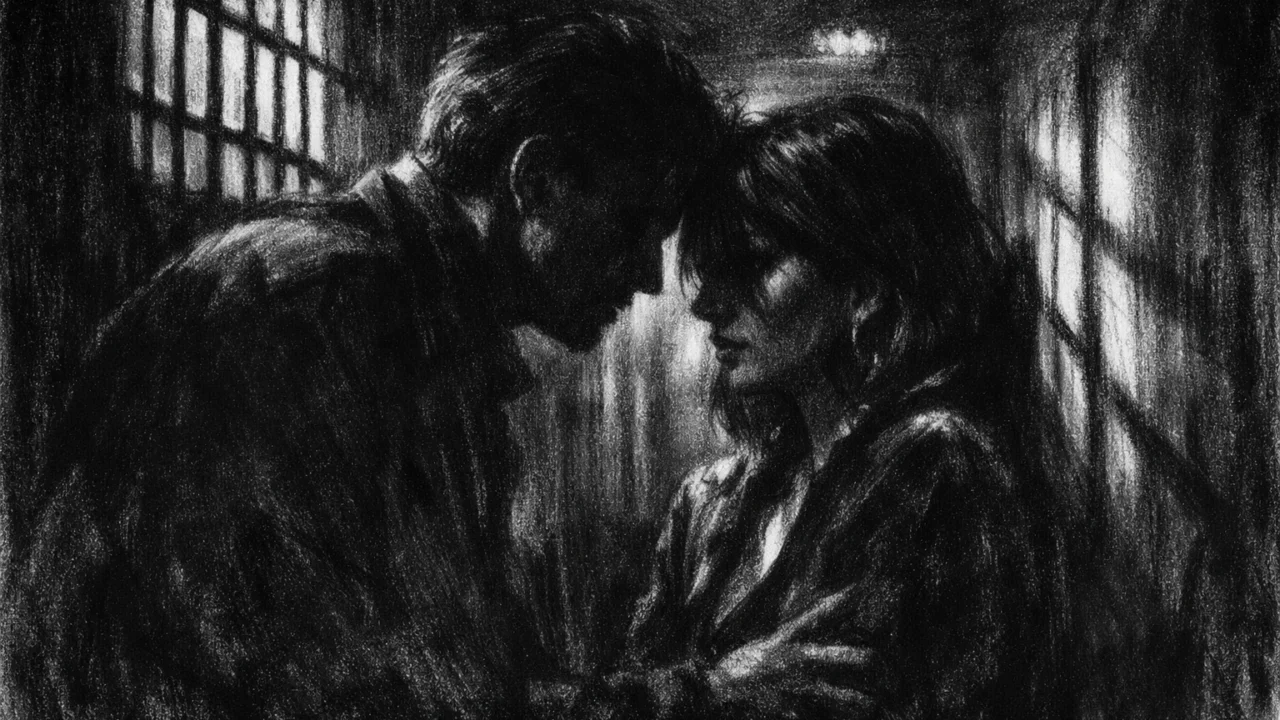 Napeta unutarnja scena dvoje ljudi u mračnom hodniku, snažni kontrasti svjetla i sjene u charcoal film noir stilu