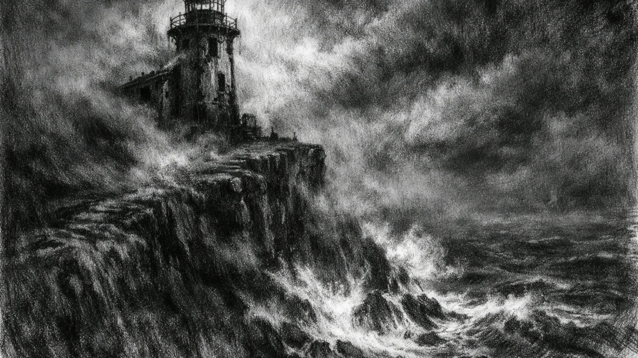 Simbolično okruženje s napuštenim svjetionikom u magli, dramatično more i tamno nebo u charcoal film noir stilu