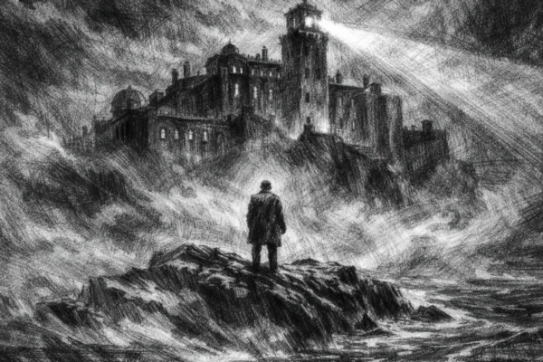 Filmski poster s usamljenom figurom na maglovitom otoku, monumentalna arhitektura i snažne sjene, izrađeno u charcoal film noir stilu