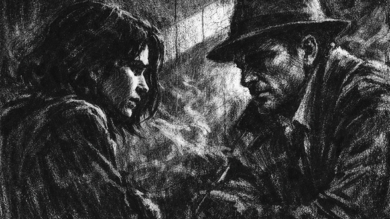Dvoje ljudi u tihom razgovoru u tamnom interijeru, snažni kontrasti svjetla i sjene, charcoal film noir stil, osjećaj nepovjerenja.