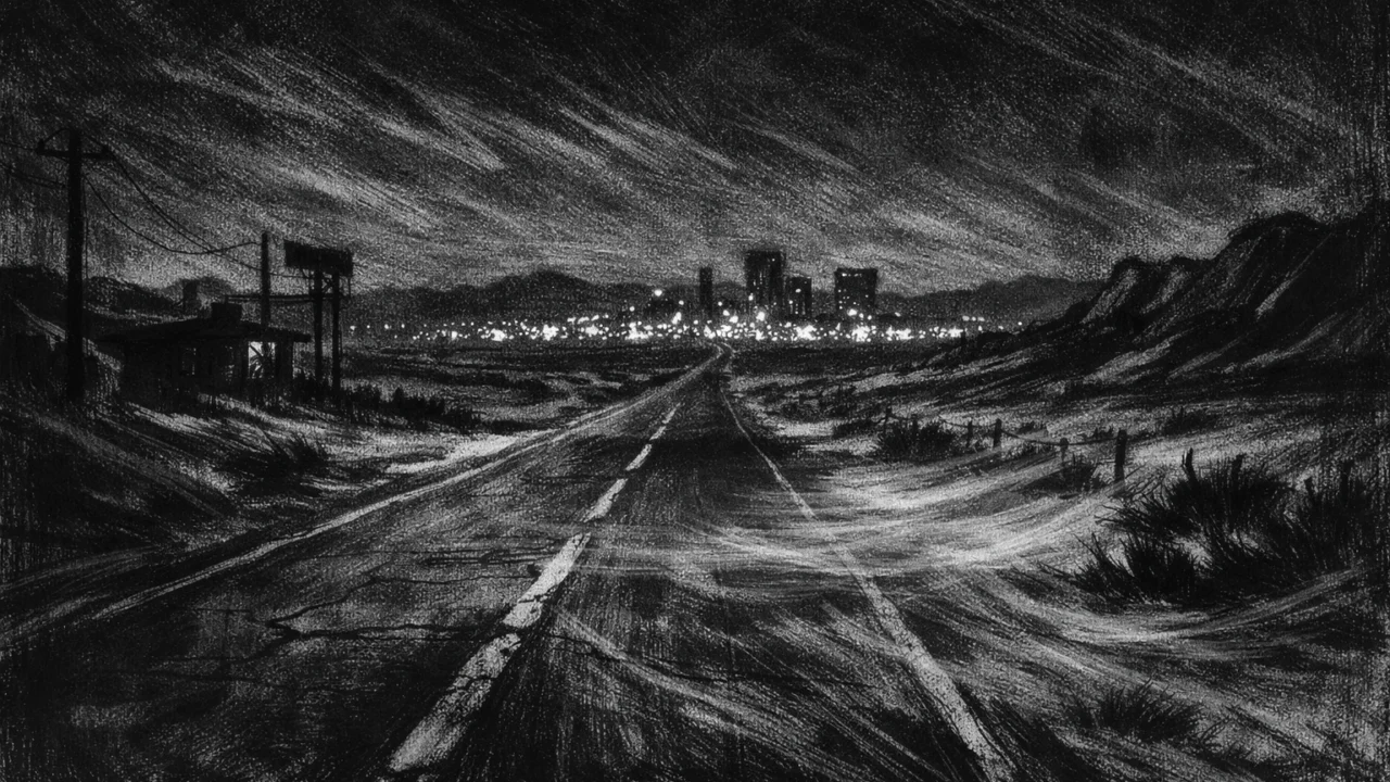 Pusti noćni krajolik s cestom i udaljenim svjetlima grada, snažna izolacija i tjeskoba, charcoal film noir stil u crno-bijeloj tehnici.