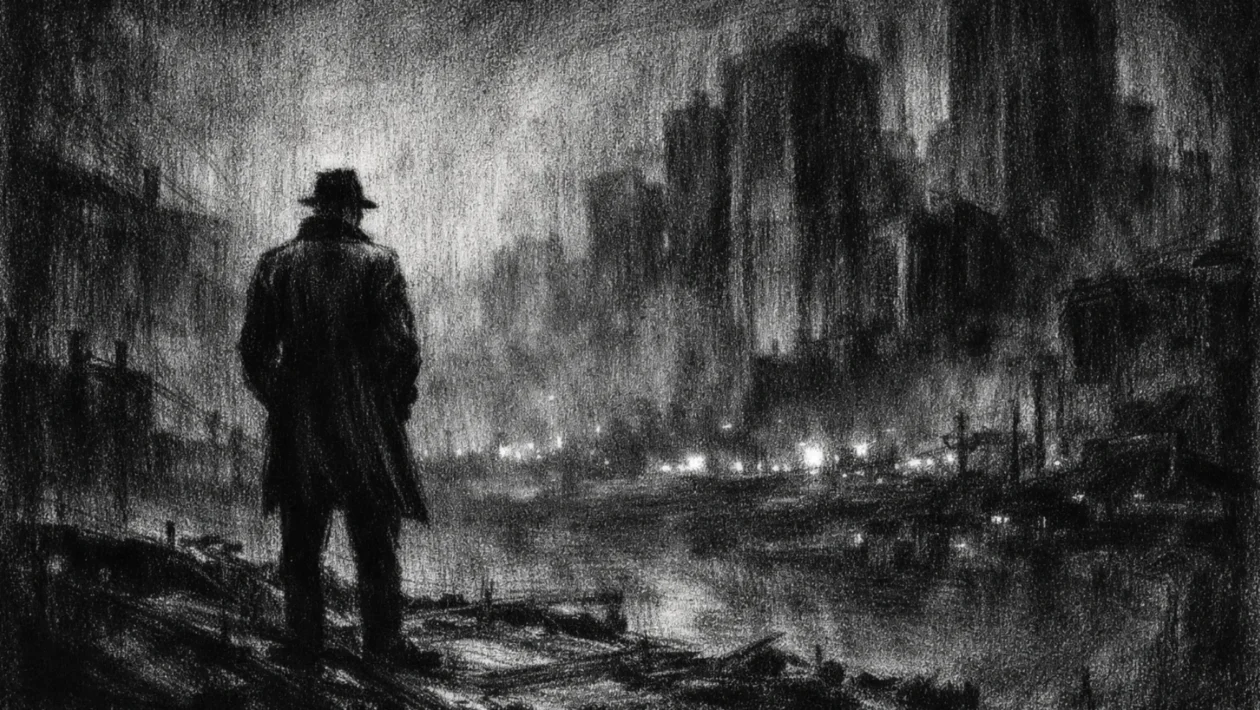 Filmski poster s usamljenom figurom u mračnom urbanom pejzažu, charcoal film noir stil, crno-bijelo, duboke sjene i tjeskobna atmosfera.
