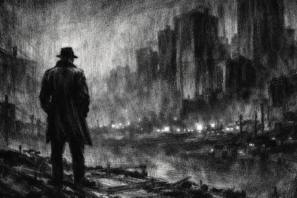 Filmski poster s usamljenom figurom u mračnom urbanom pejzažu, charcoal film noir stil, crno-bijelo, duboke sjene i tjeskobna atmosfera.