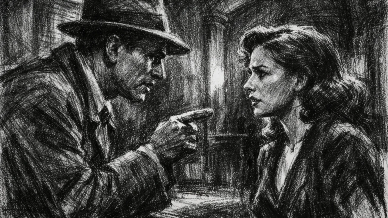 Dramska scena u charcoal film noir stilu