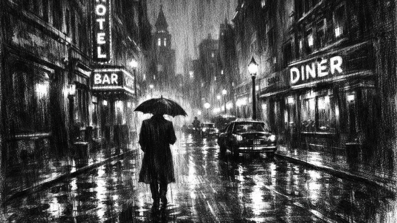 Atmosferska urbana ilustracija u charcoal film noir stilu