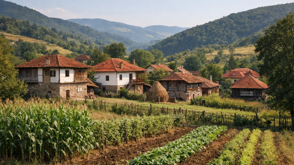 Ruralni turizam u balkanskom selu s tradicionalnim kućama i prirodom