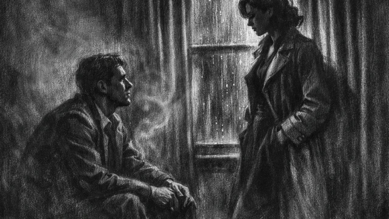 Dvoje ljudi u tihom razgovoru u mračnoj prostoriji, naglašene emocije i sjene u charcoal film noir stilu.