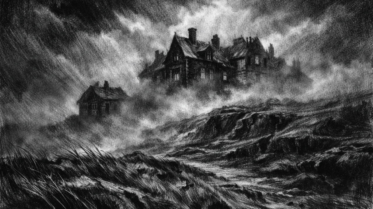 Zabačeno imanje u maglovitom krajoliku, simbol sjećanja i nasljeđa prikazan u charcoal film noir stilu.