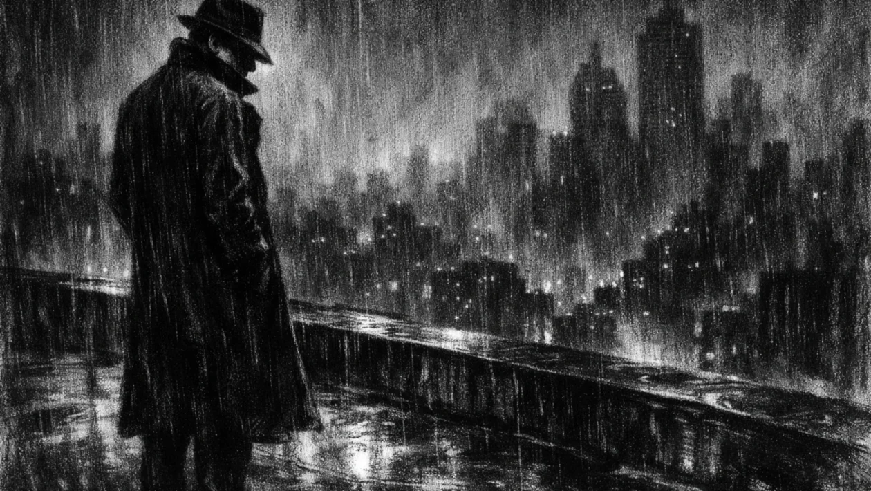 Plakat s usamljenom figurom na krovu grada, kiša i sjene stvaraju turoban ugođaj u charcoal film noir stilu.