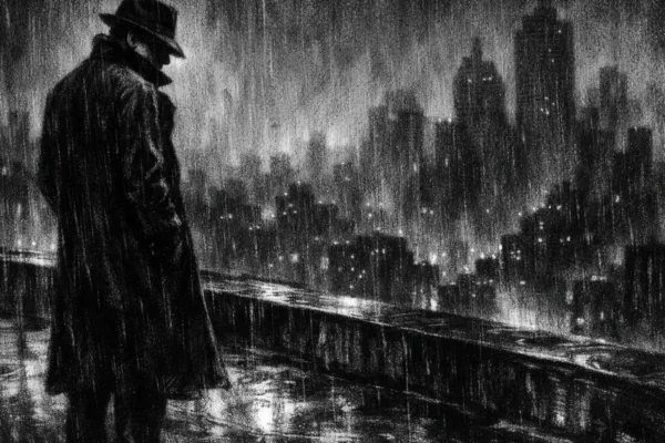 Plakat s usamljenom figurom na krovu grada, kiša i sjene stvaraju turoban ugođaj u charcoal film noir stilu.