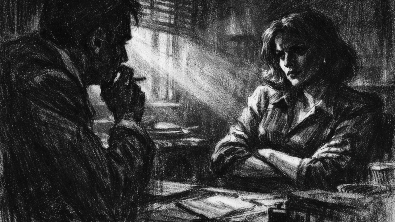Intimna scena razgovora u charcoal film noir stilu, s jakim kontrastom, sjenama i osjećajem napetosti bez otvorenog sukoba.