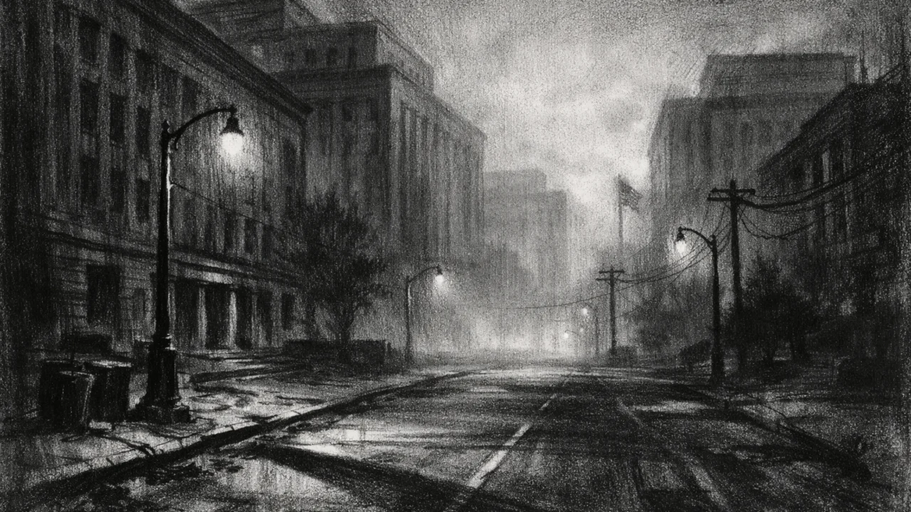 Atmosferski urbani pejzaž u charcoal film noir stilu, crno-bijeli s maglom, sjenama i melankoličnim ugođajem.