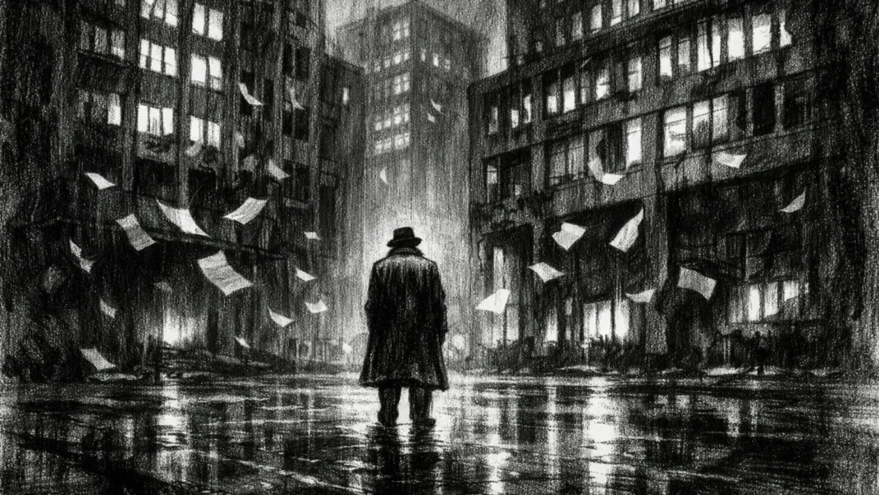 Filmski poster u charcoal film noir stilu, crno-bijeli prizor s dubokim sjenama i umornom atmosferom institucionalne melankolije.