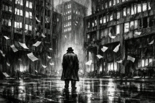 Filmski poster u charcoal film noir stilu, crno-bijeli prizor s dubokim sjenama i umornom atmosferom institucionalne melankolije.