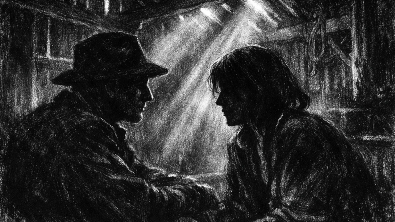 Dvoje ljudi u tihom razgovoru u mračnoj štali, naglašene sjene i emocije, charcoal film noir stil.