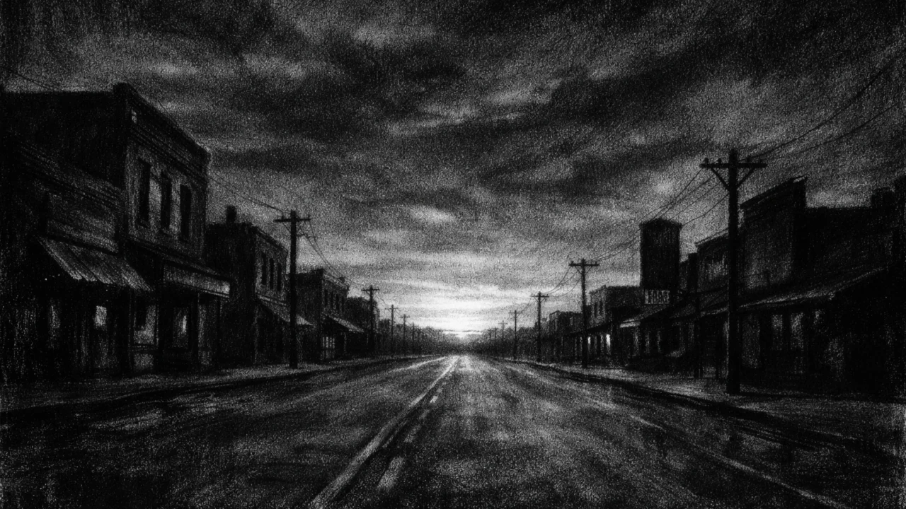 Prazna glavna ulica malog grada u zoru, melankolična i simbolična atmosfera, charcoal film noir stil.