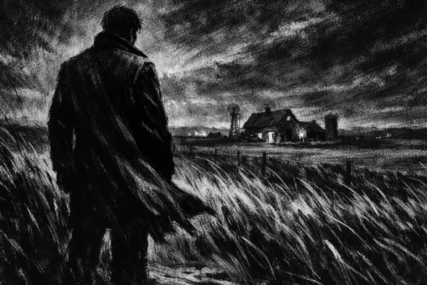 Usamljena figura na rubu malog grada u noći, snažne sjene i tiha atmosfera, charcoal film noir stil.