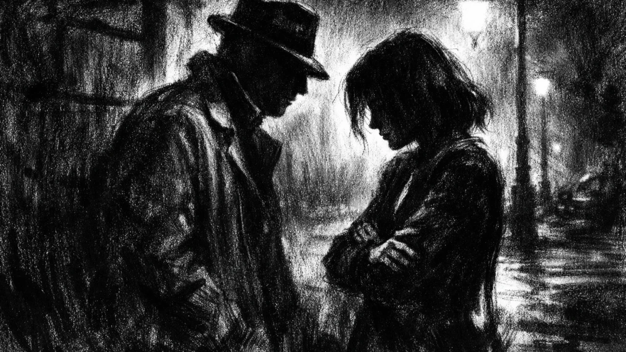 Dvoje ljudi u napetom noćnom razgovoru, prikazani sjenama i svjetlom u charcoal film noir stilu, crno-bijelo, turobna emocionalna atmosfera.