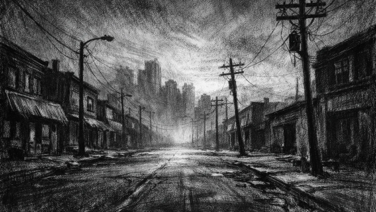 Prazna gradska ulica u zoru s maglom i sjenama, prikazana u charcoal film noir stilu, crno-bijelo, snažan osjećaj samoće i propadanja.
