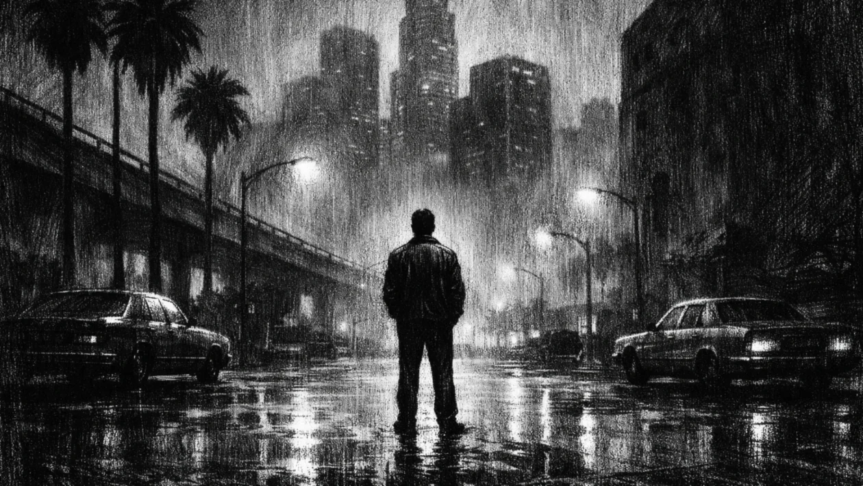 Filmski poster s usamljenom figurom u urbanom pejzažu, izrađen u charcoal film noir stilu, crno-bijelo, snažni kontrasti i mračna atmosfera.