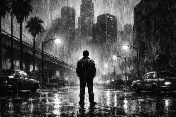 Filmski poster s usamljenom figurom u urbanom pejzažu, izrađen u charcoal film noir stilu, crno-bijelo, snažni kontrasti i mračna atmosfera.