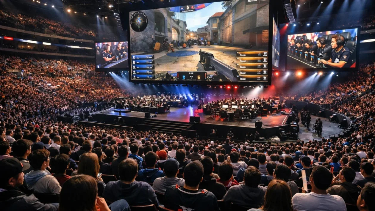 E-sport turnir pred velikom publikom koji prikazuje e-sport kao globalni društveni fenomen