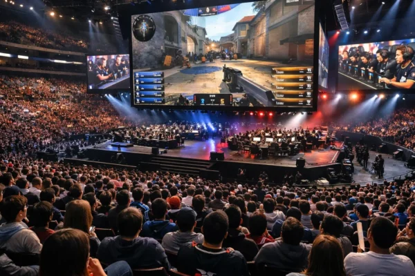E-sport turnir pred velikom publikom koji prikazuje e-sport kao globalni društveni fenomen
