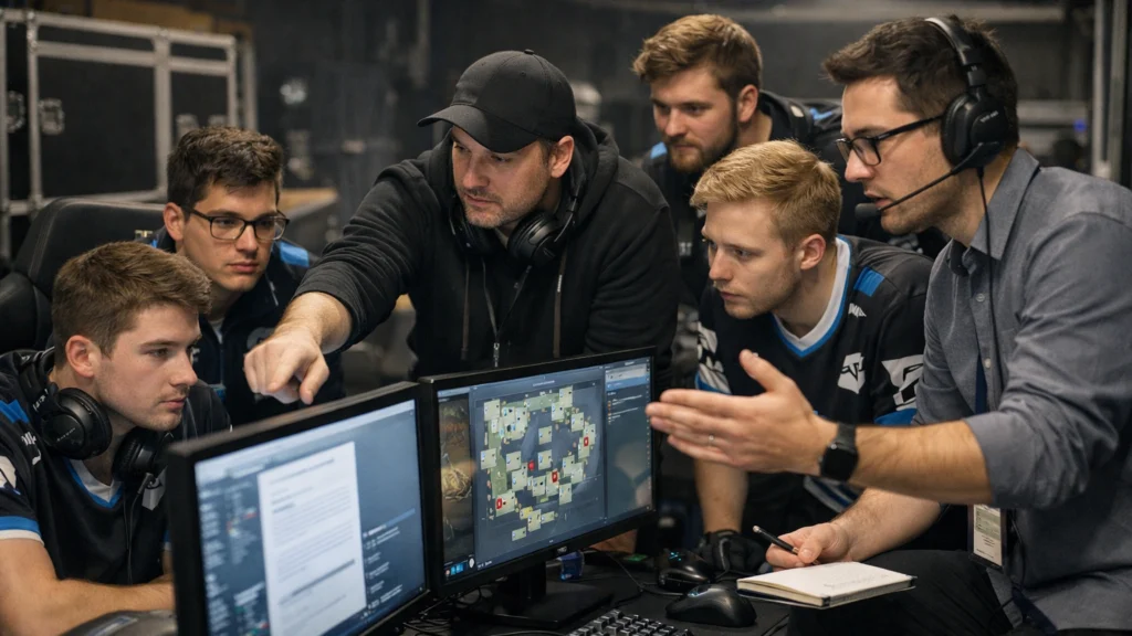 Profesionalni e-sport tim s trenerom i analitičarom tijekom pripreme