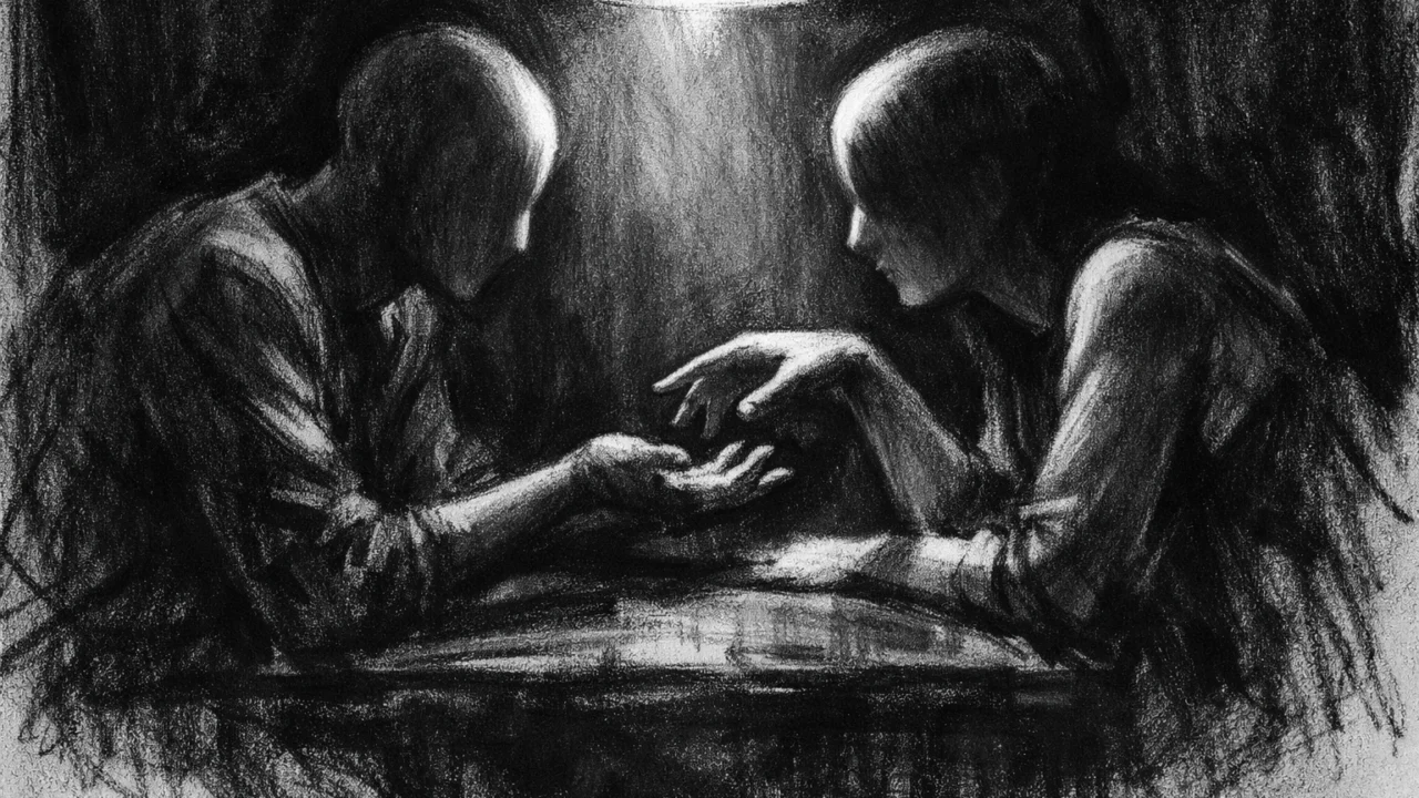 Dvoje ljudi u tihom razgovoru bez riječi, naglašene ruke i pogledi, charcoal film noir stil, emotivna suzdržanost
