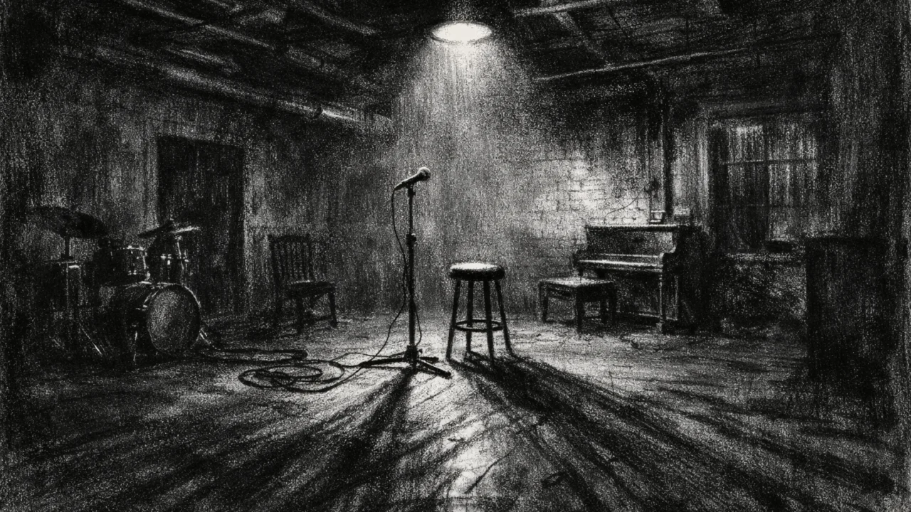 Prazan prostor obavijen tišinom i sjenama, industrijski ugođaj, charcoal film noir stil, simbol gubitka zvuka